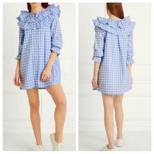 Hill House The Colette Dress in Blue Jacquard Check Ruffle Sz XS